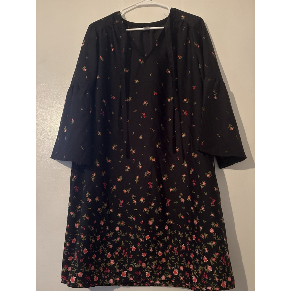 Old Navy Black Floral Shift Dress 3/4 Bell Sleeve Tie Neck Boho Mini Large